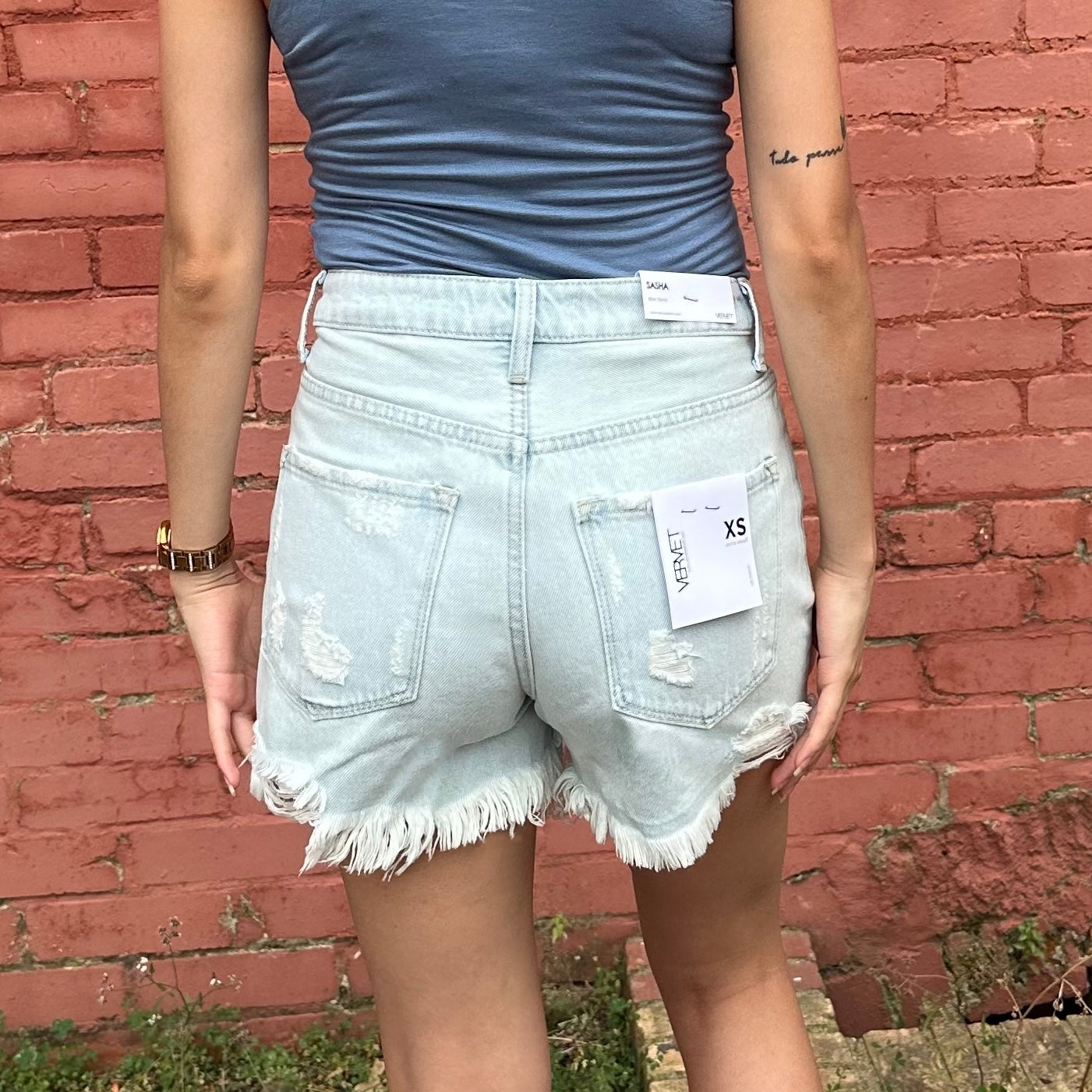 VERVET super high rise distressed mom shorts