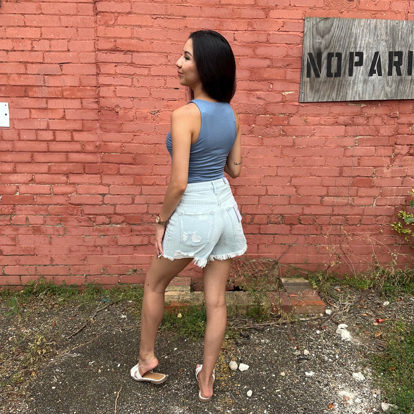 VERVET super high rise distressed mom shorts