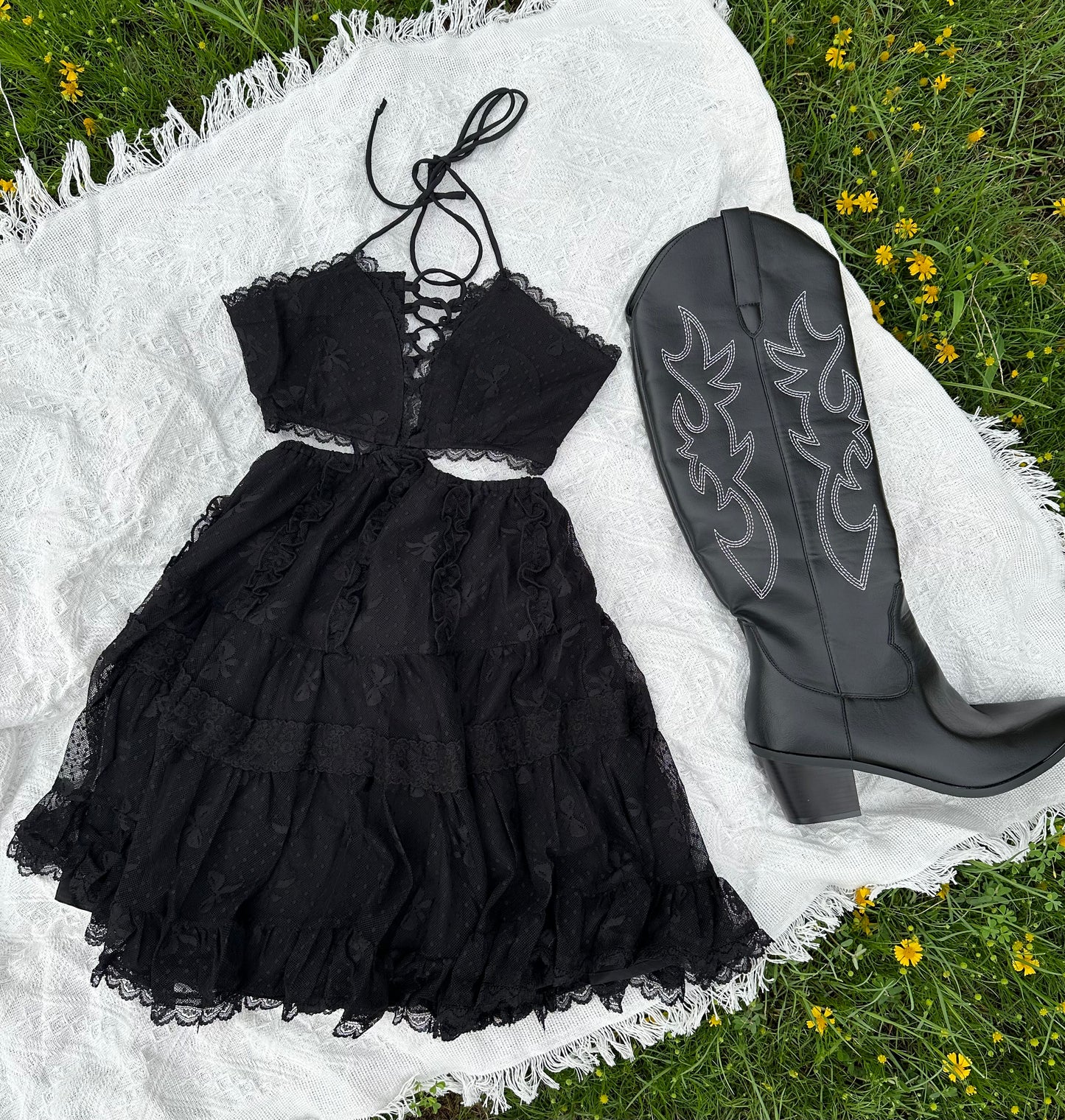 Katelyn halter waist cutout lace trim tiered mini dress